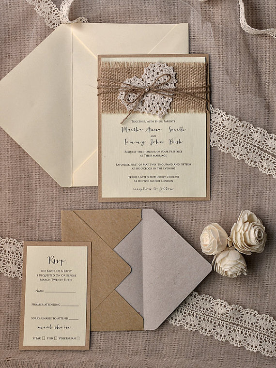 HESSIAN LACE HEART DESIGN RUSTIC HANDMADE WEDDING INVITATIONS WITH ENVELOPES 