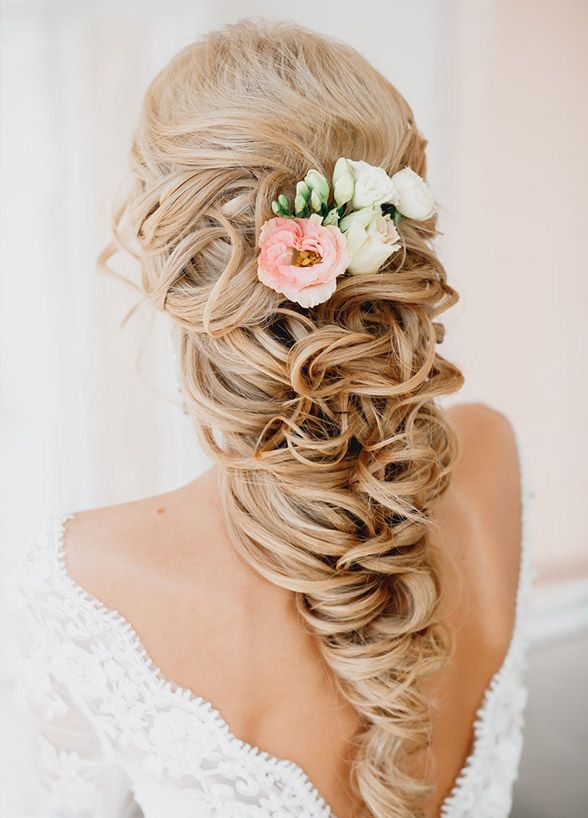 Classy Rustic Half Up Half Down Wavy Wedding Hairstyle with Flowers