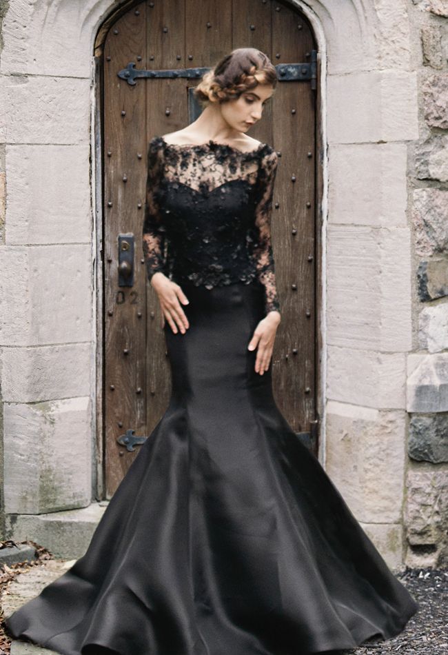 Sareh Nouri Black Mermaid Wedding Dress 2016 with Long Lace Sleeves