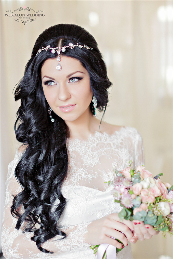 long black wavy wedding hairstyle with hairpiece