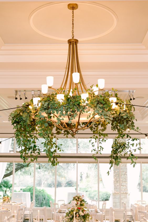 Natural romance, greenery chandeliers wedding decor