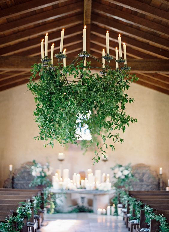 greenery and candles wedding chandelier