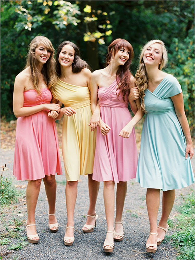 Dessy Pink Yellow baby blue bridesmaid dresses