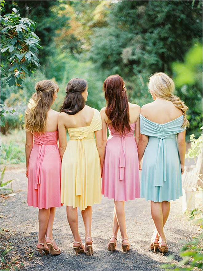 Dessy Twist Wrap Dress Pink Yellow baby blue bridesmaid gowns