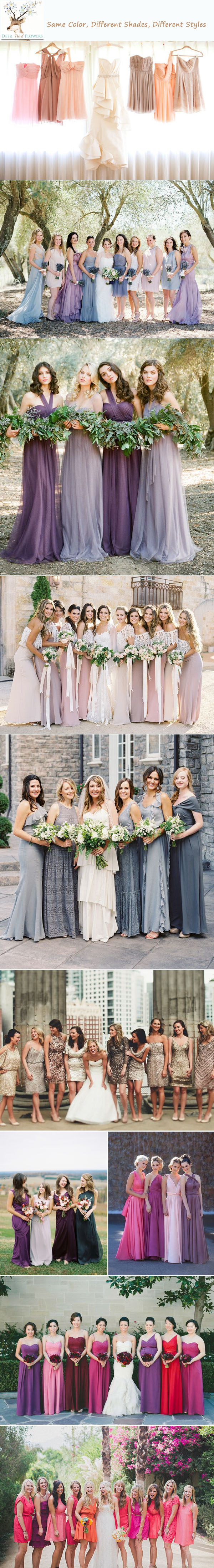 mismatched bridesmaid dresses ideas-same color-different shades styles