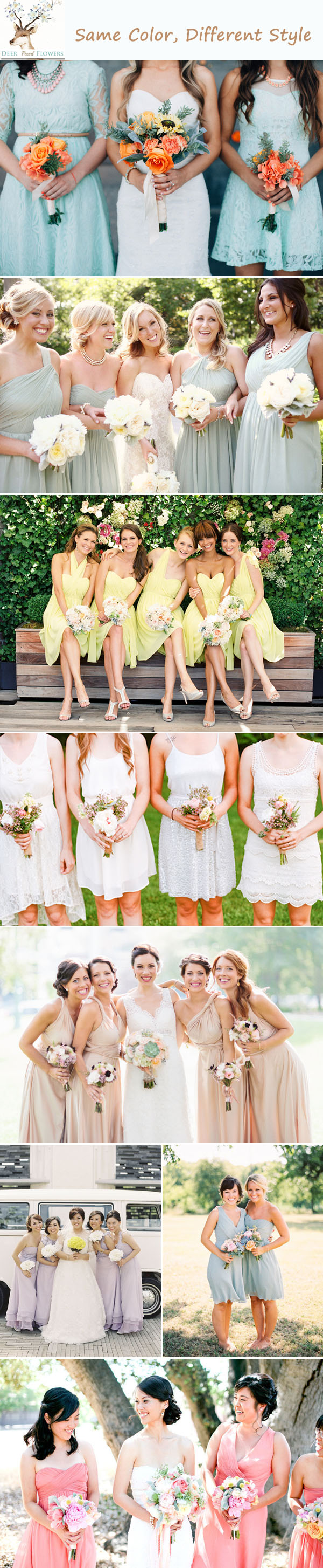mismatched bridesmaid dresses-same color different style