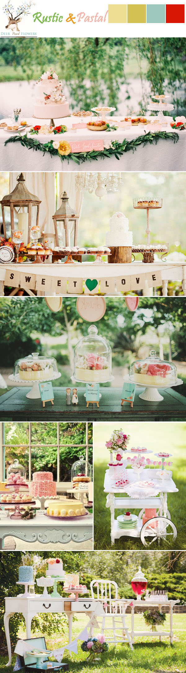 rustic pastel green red pink blue wedding dessert table ideas