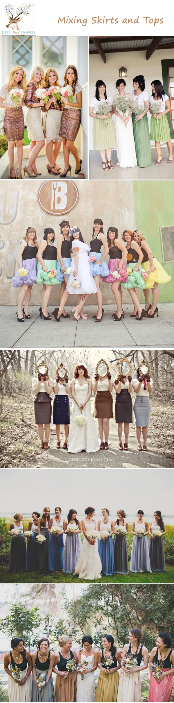 unique bridesmaid dress ideas - mixing skirts and tops mismatched bridesmaid dress