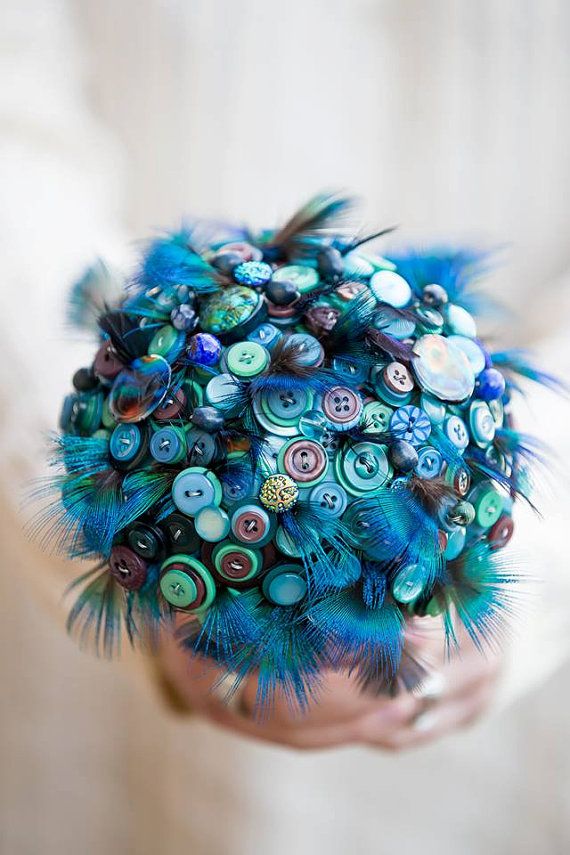 Button bouquet 'Indian blue peacock ' feather and button bouquet