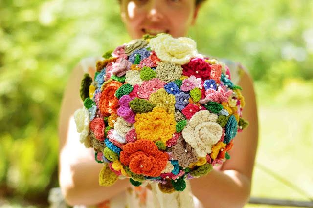 DIY colorful crochet flower wedding bouquet