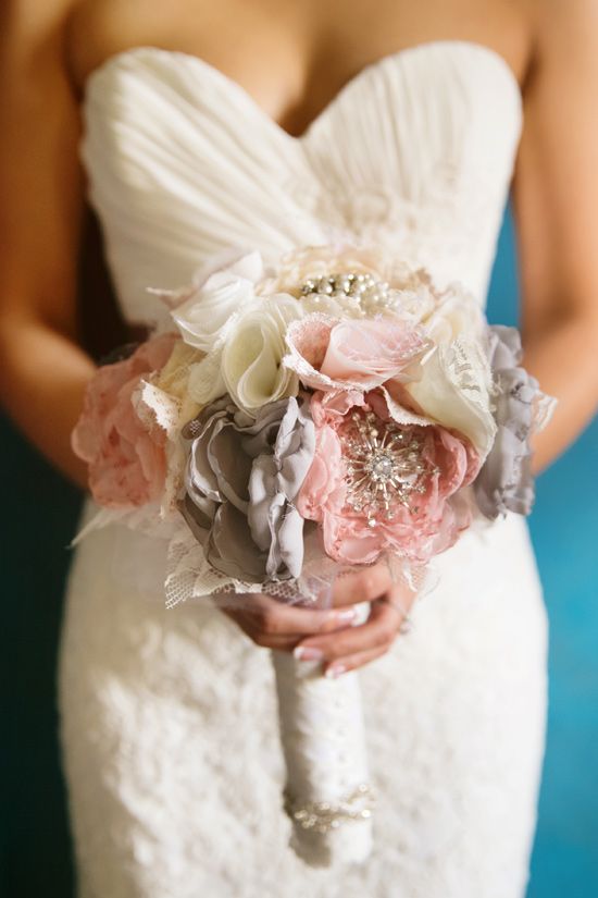 DIY rose pink and white fabric wedding bouquet