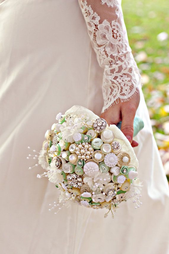 Downton Button Bouquet in ivory, cream and mint green with pearl and fabric flower highlights