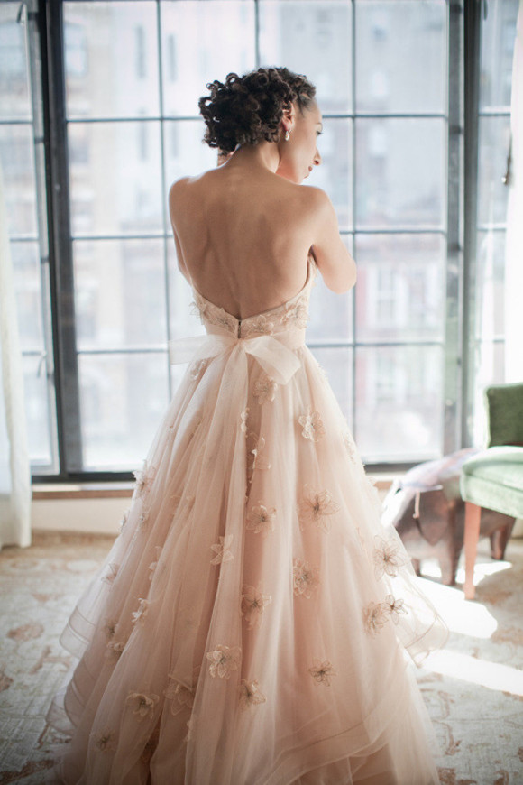 Strapless BlushTulle Wedding Dress with flower details