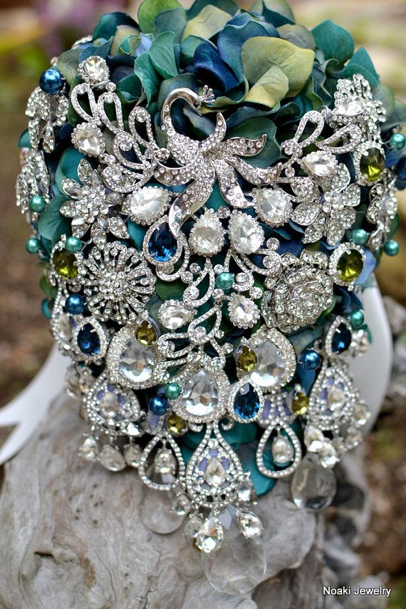 Vintage inspired teal and blue peacock brooch bouquet