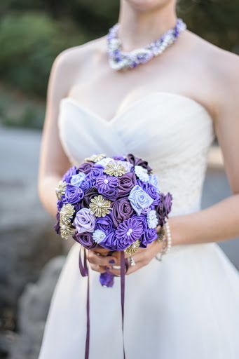 purple DIY ribbon flowers wedding bouquets