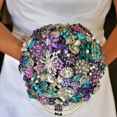 purple and blue brooch wedding bouquets