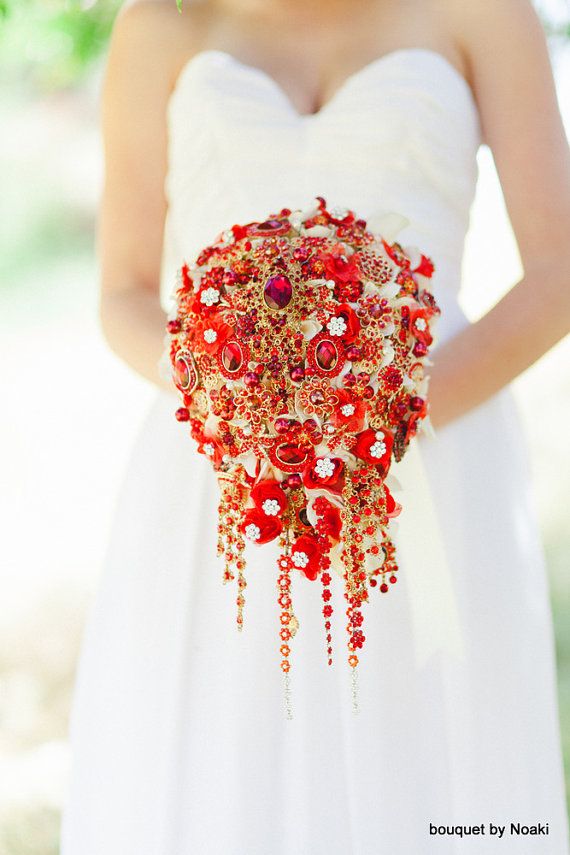 red and gold brooch bouquet