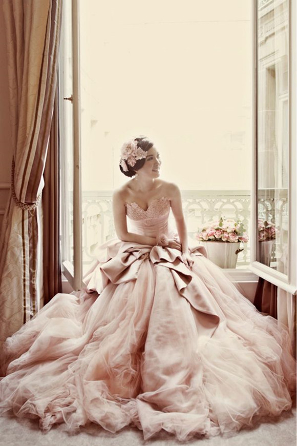 sweetheart blush pink tulle wedding dress