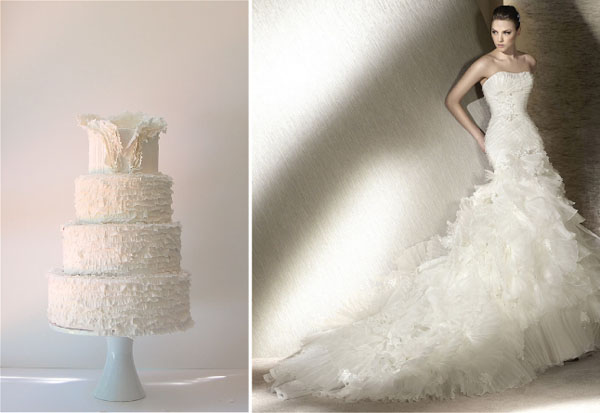 Cake by Maggie Austin via By Hima Whitley, dress by Alma Novia