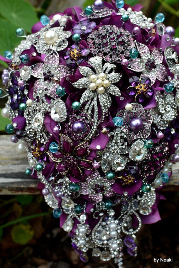 Cascading purple and teal wedding bouquet