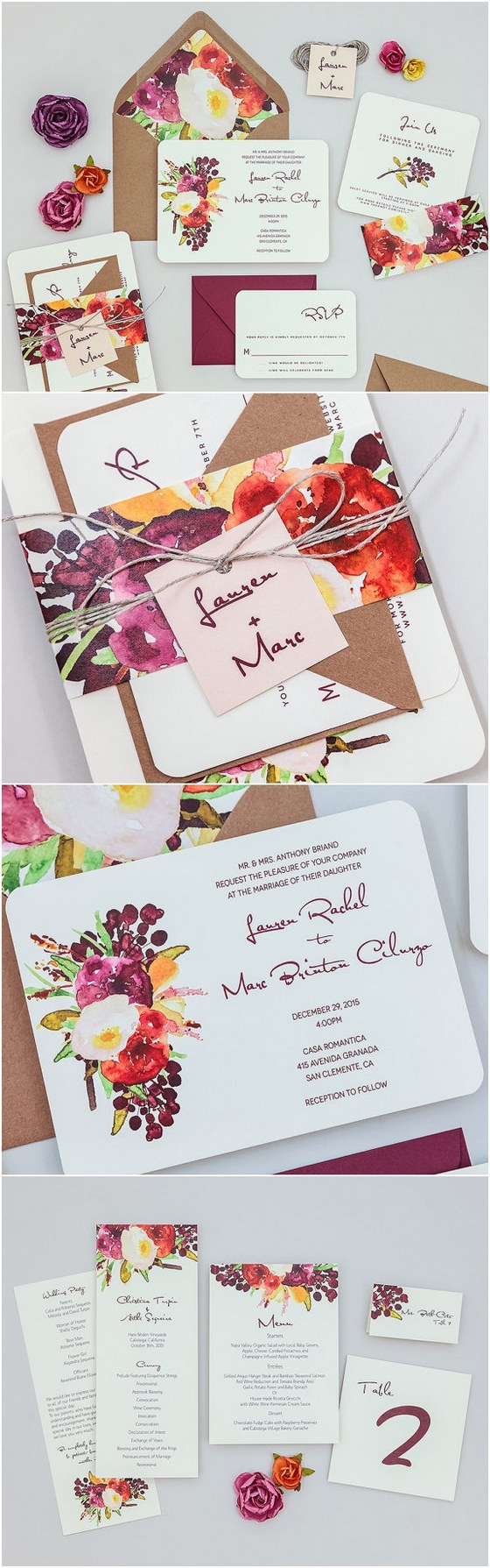 deep red watercolor wedding invitation sets