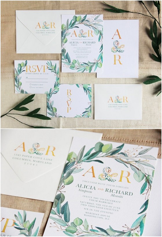 leafy wreath monogram wedding invitation
