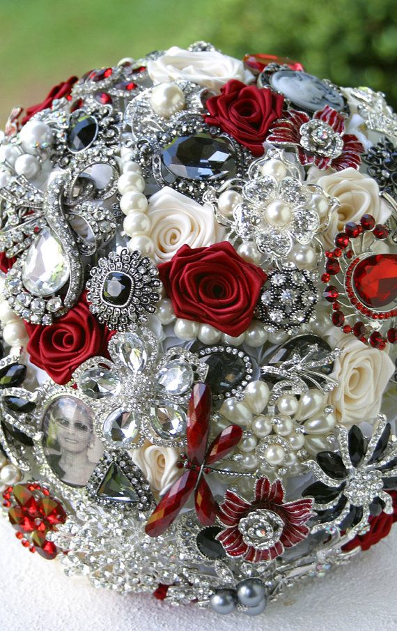 Red Black and White Wedding Brooch Bouquet
