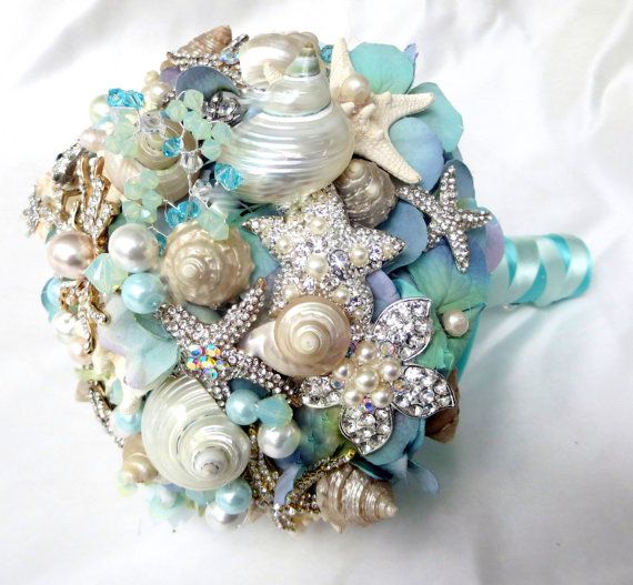 Sea Shell Wedding Bouquet, Tiffany Blue Bridal bouquet, Beach Bridal Bouquet, Brooch Bouquet