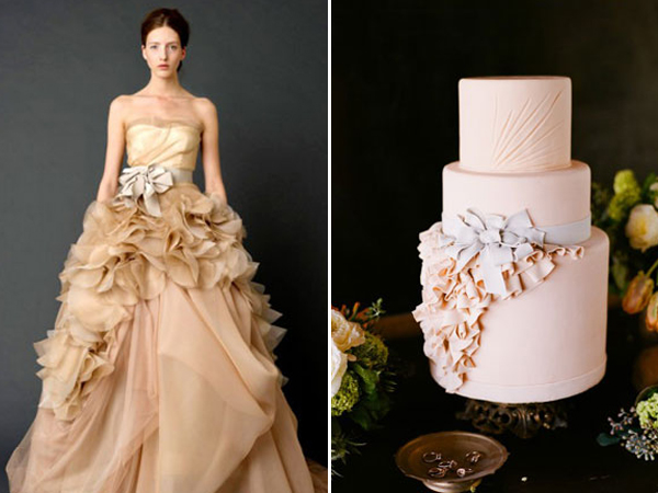 Vera Wang gold ruffles gown inspired cake by Cupcakes Couture