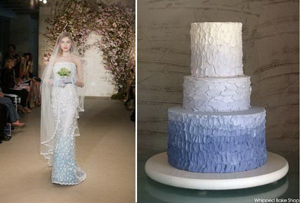 blue omber wedding dress and cake