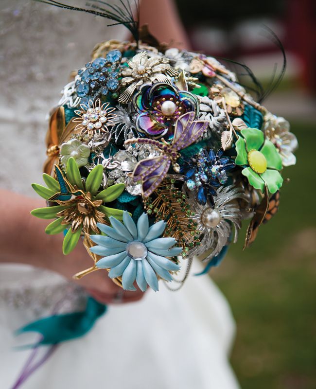 green and blue brooch wedding bouquet