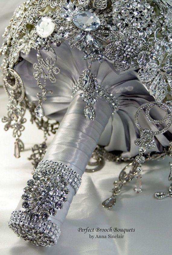 grey silver brooch wedding bouquet