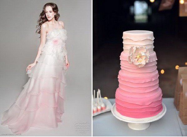 pink ombre wedding dress and cake with ruffles