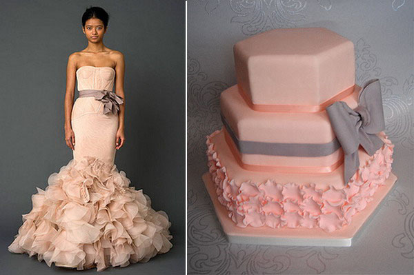 vera wang pink and grey mermaid wedidng dress and cake