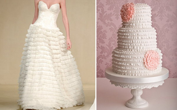 white and pink wedding dress and cake with ruffles