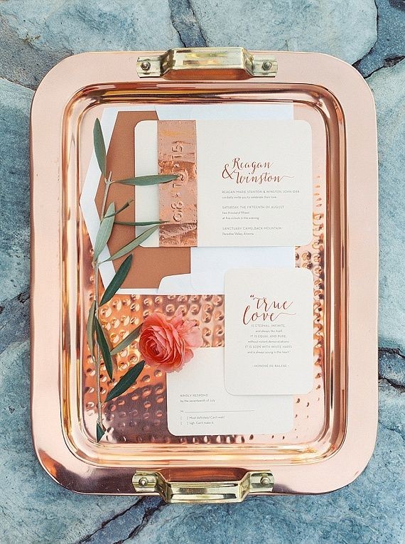 Copper and coral wedding invitation