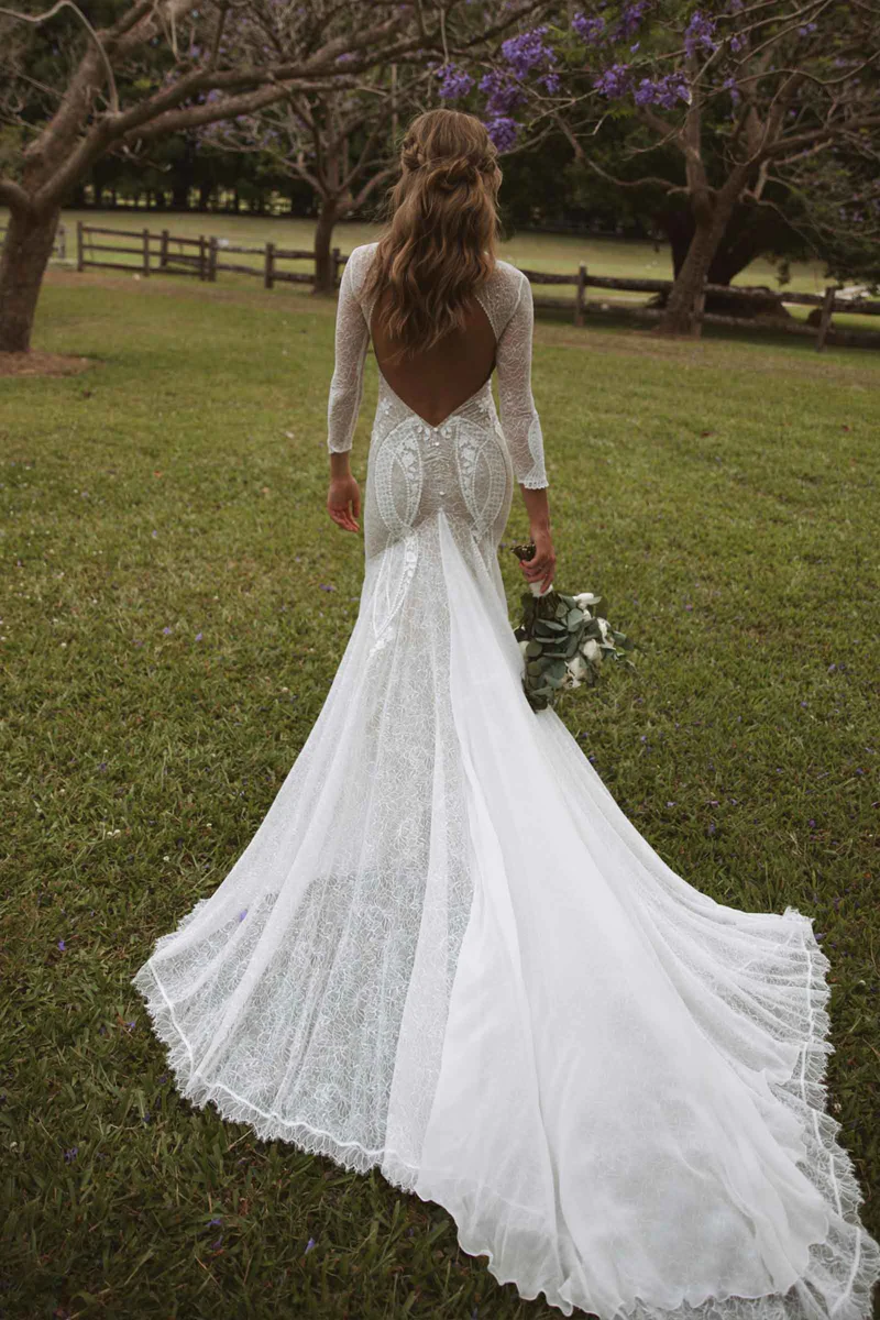 Fit and Flare Open Back Lace Wedding Dresses with Long Sleeves