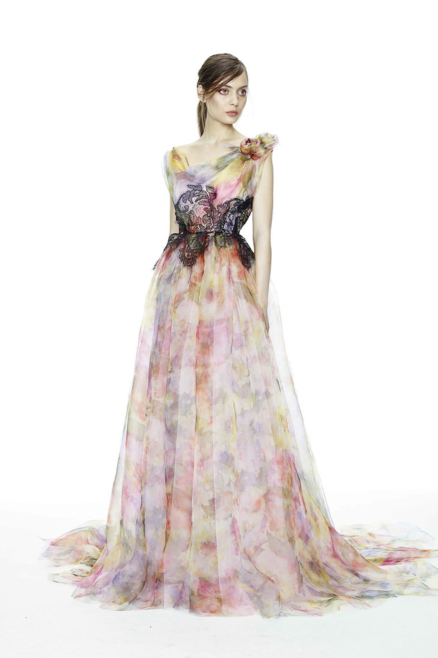 Marchesa Abstract Artwork Ombre Printed Wedding Dress 2015 with Black Lace