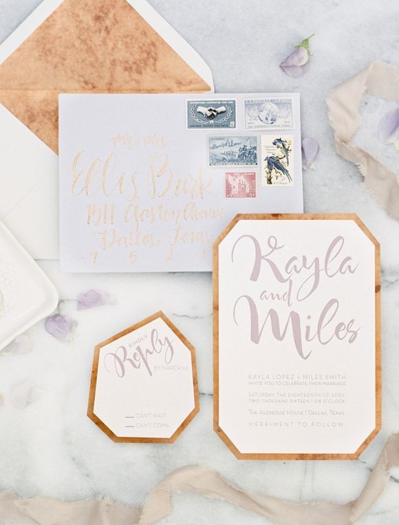 Modern lavender and copper wedding invitations