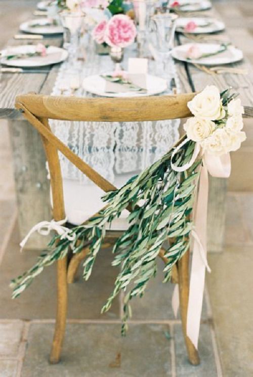 Olive branch stems, roses and soft pink ribbon
