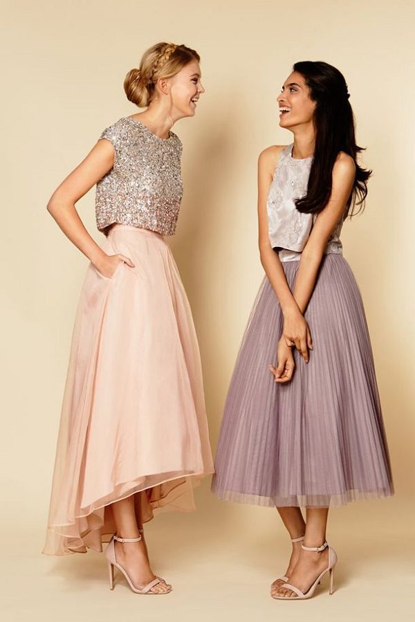 Two pieces sequined hi low bridesmaid dresses