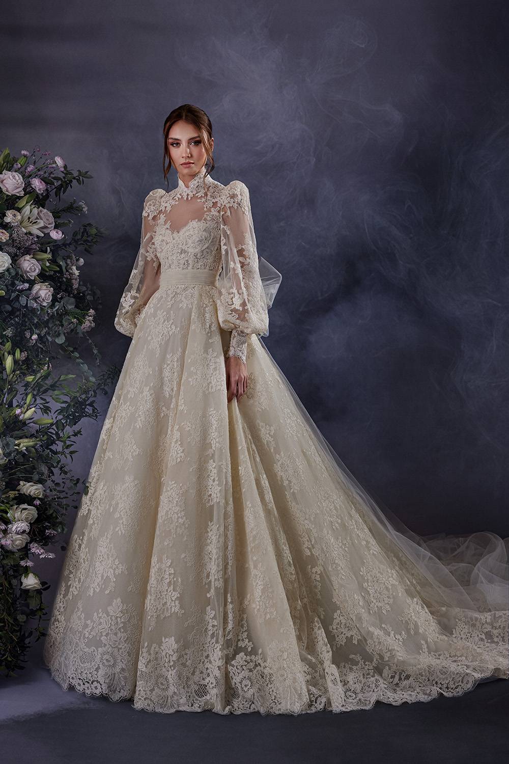 high neckline aline lace wedding dress with puff long sleeves zuhair murad