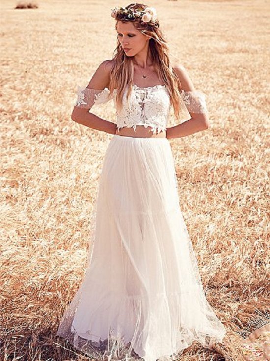off shoulder two piece boho wedding gown