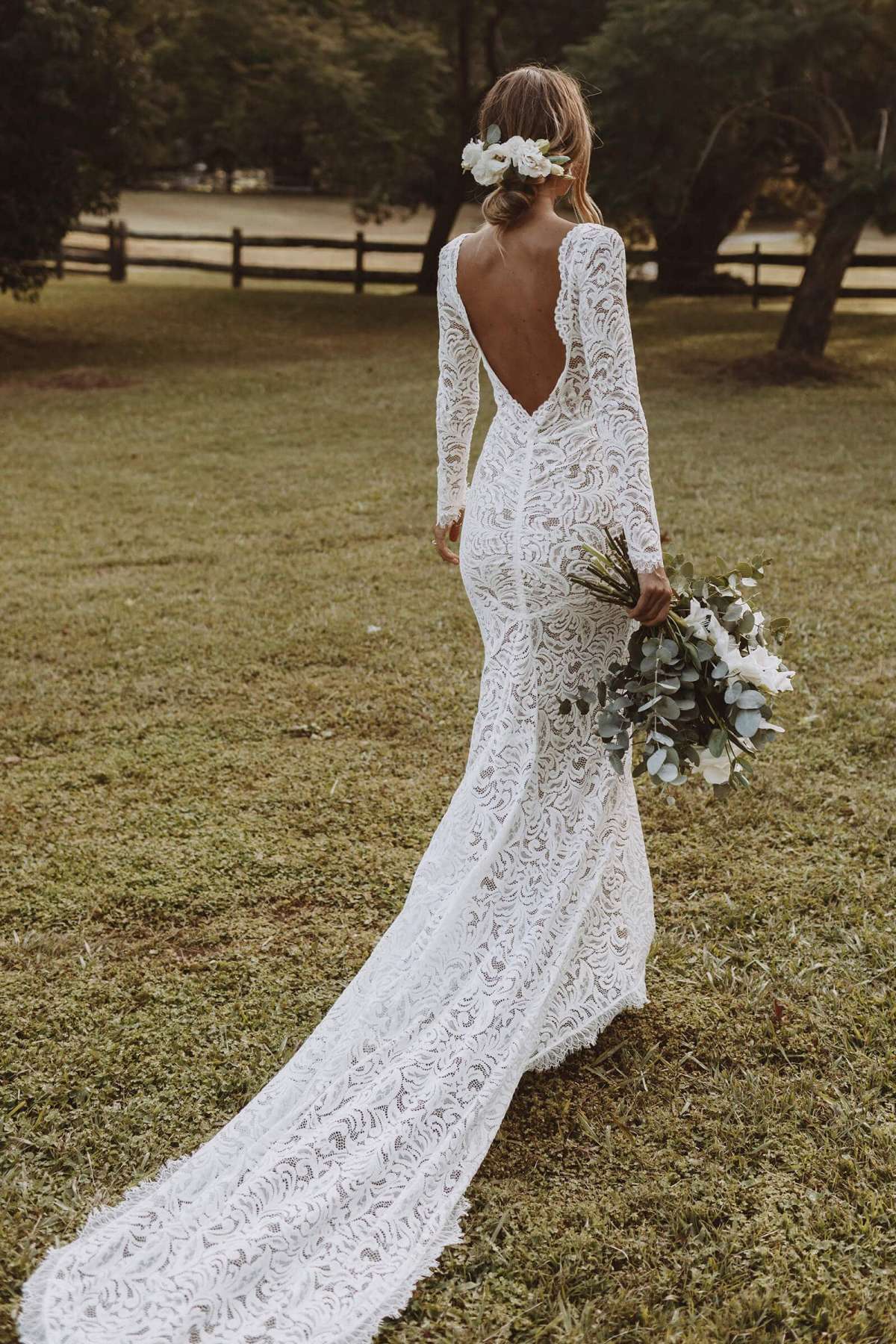 open back mermaid lace wedding dress with long sleeves