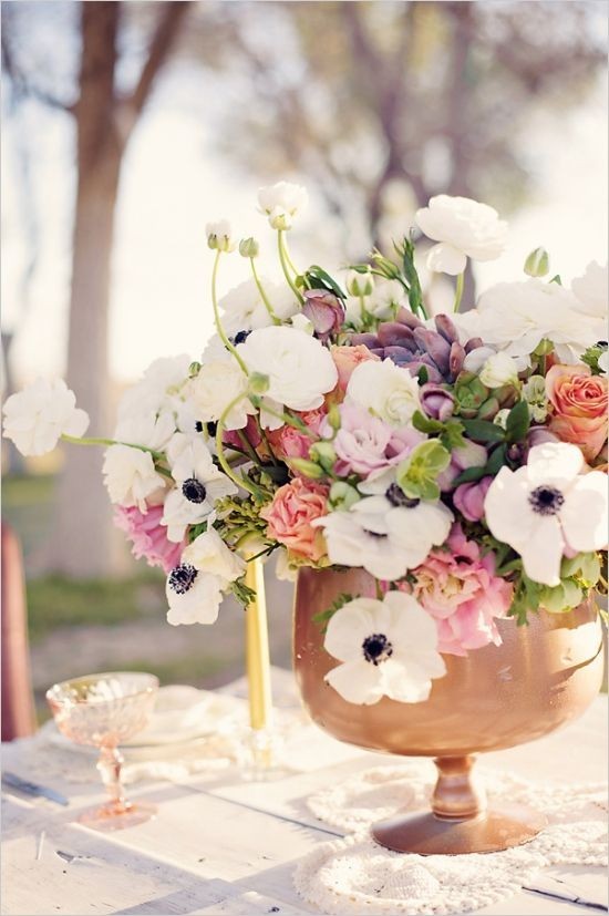 peach, purple, pink and white floral centerpieces