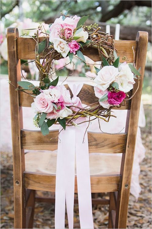 pink floral wreath wedding chair decor