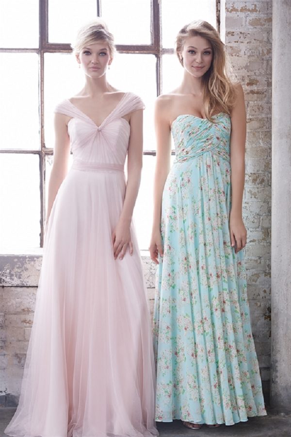 pink tulle and aqua printed bridesmaid dresses