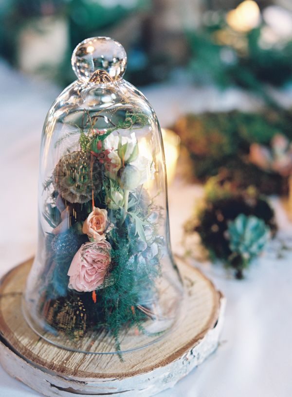 rustic bell jar wedding centerpiece