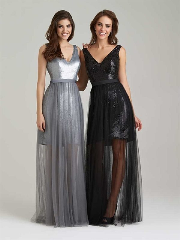 sheer sequined bridesmaid dresses with a detachable tulle overskirt