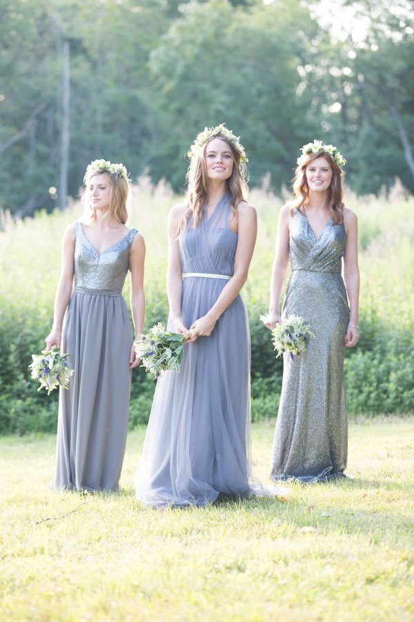 silver mismatched bridesmaid gowns